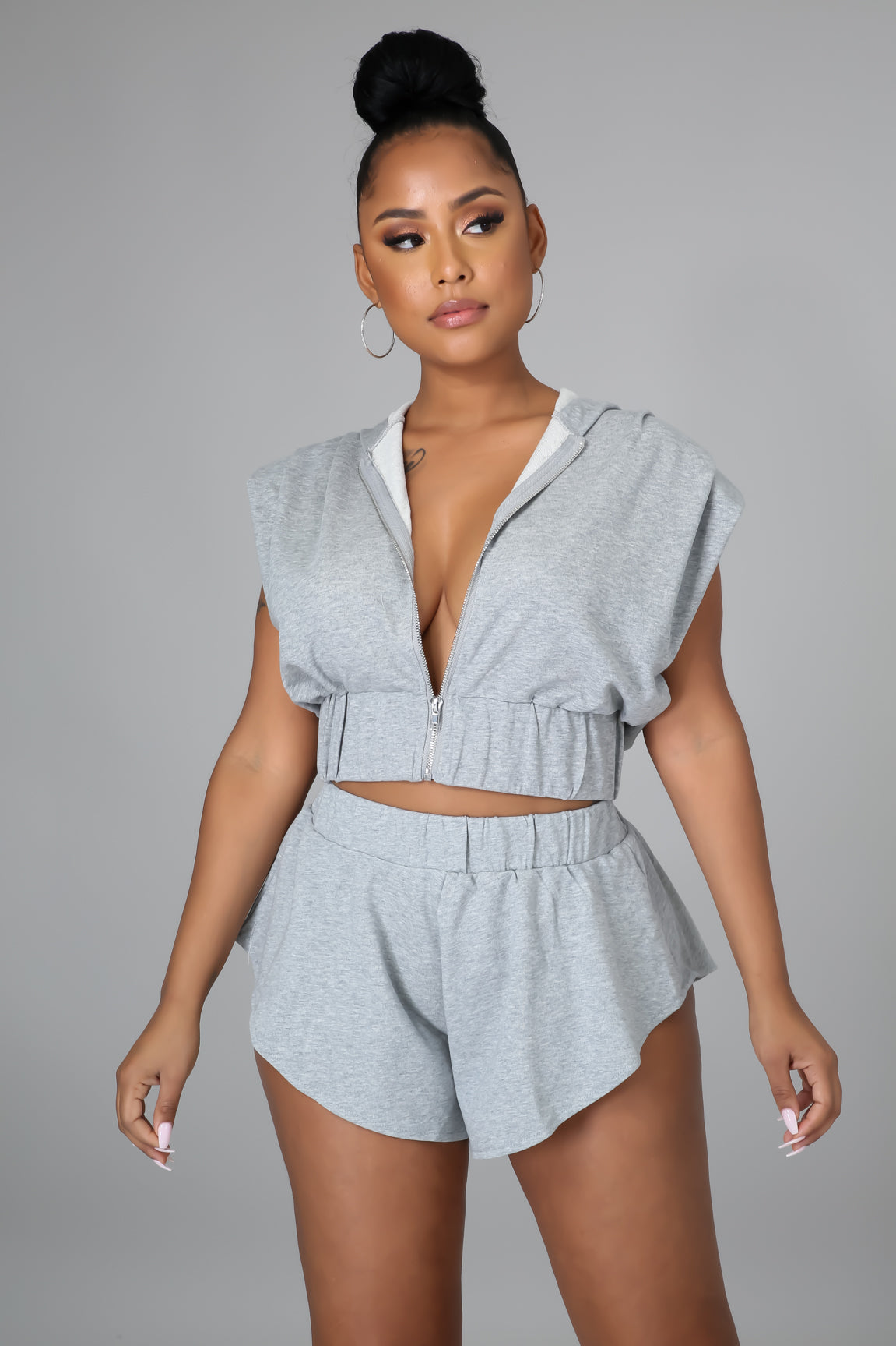 Gray Crop Top Hoodie Short Set