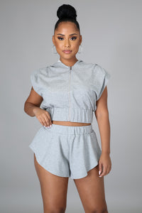 Gray Crop Top Hoodie Short Set