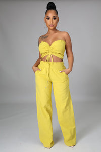 Drawstring Crop Top Pant Set Yellow